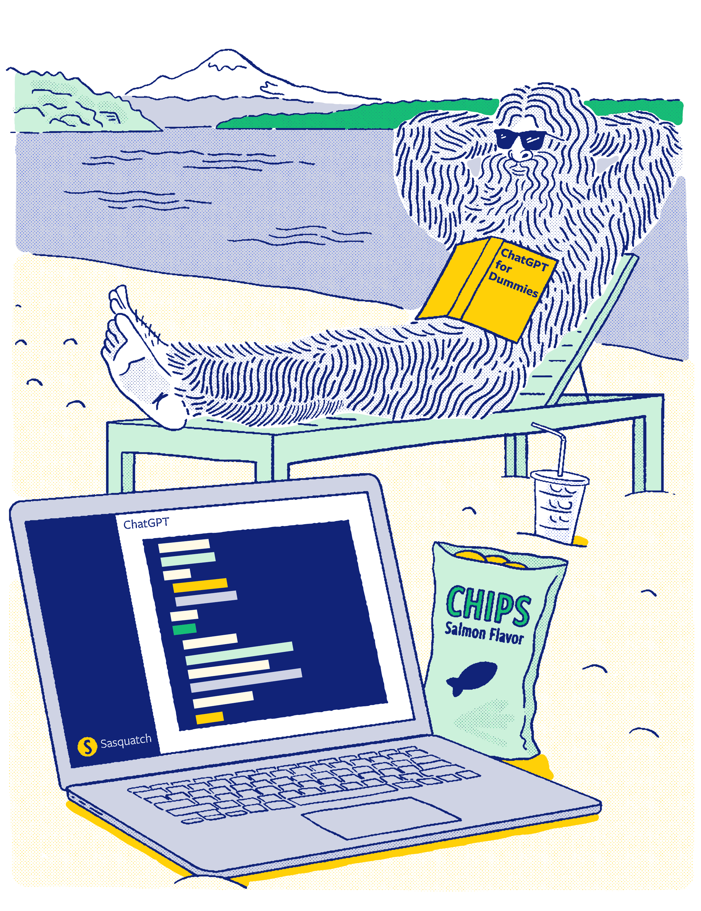Sasquatch having ChatGPT write his code for him while chilling on a beach